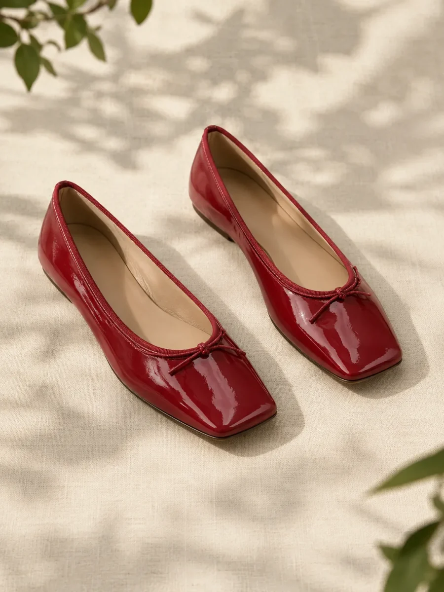 Rosehip Square-Toe Ballerina in rosehip red, pair seen from the front