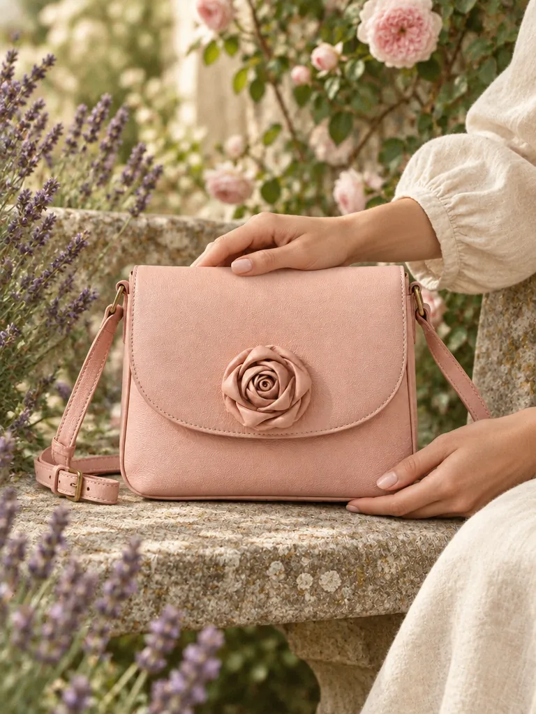 Rosette Mini Crossbody in blush, carried in the garden