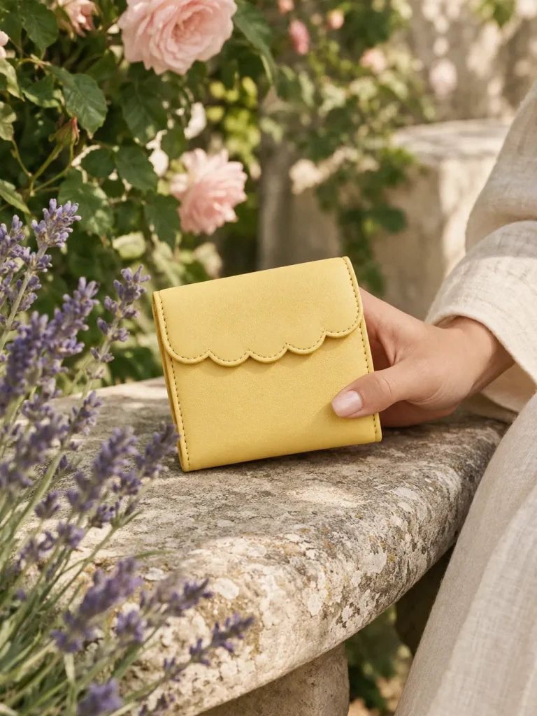 Seed Packet Card Wallet in butter yellow, carried in the garden