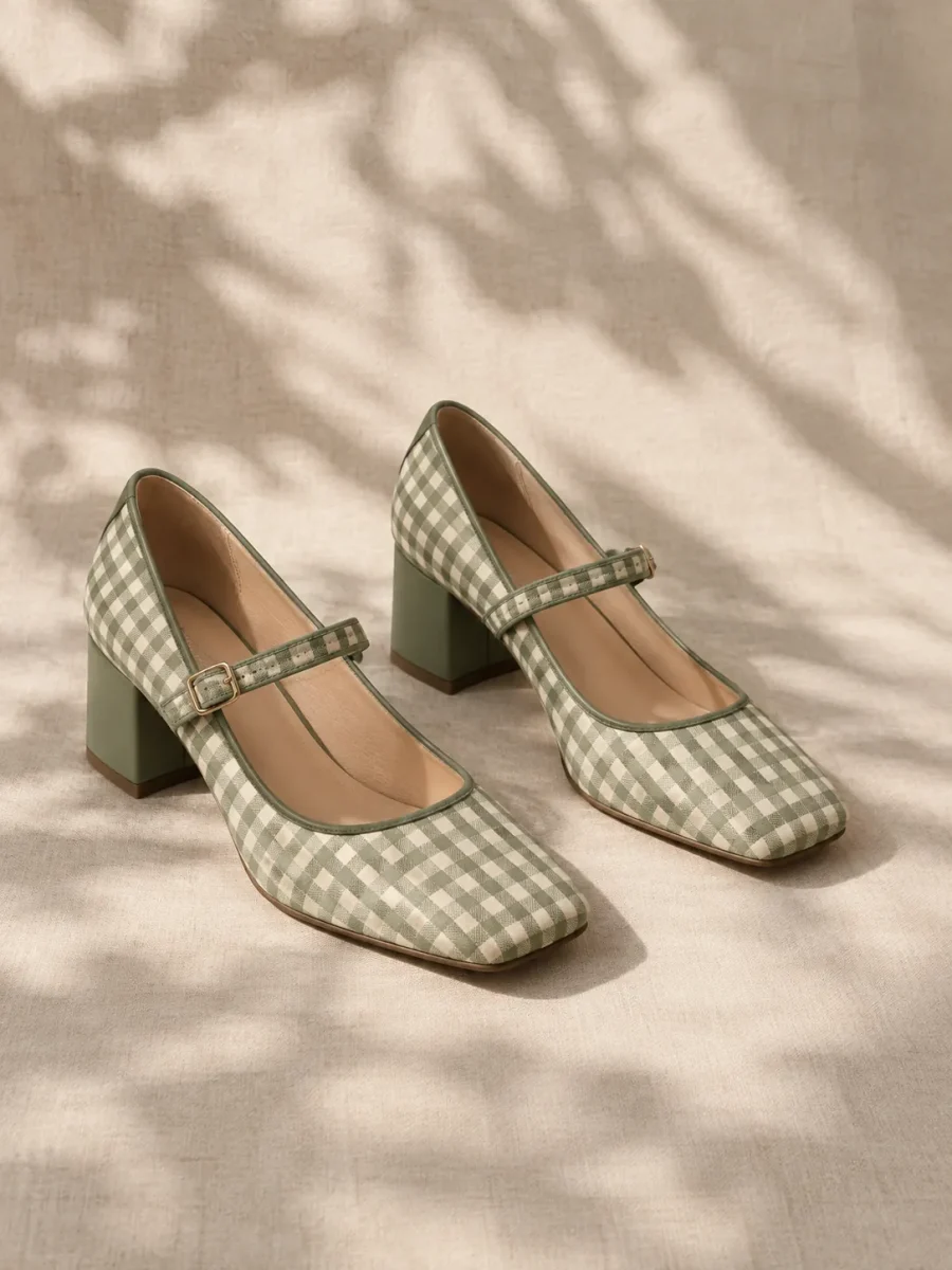Sweet Pea Gingham Heel in green gingham, pair seen from the front