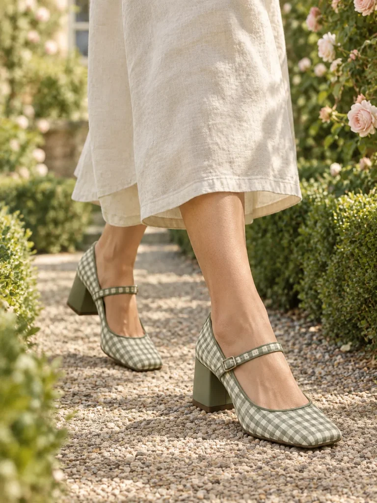 Sweet Pea Gingham Heel in green gingham, worn on a garden path