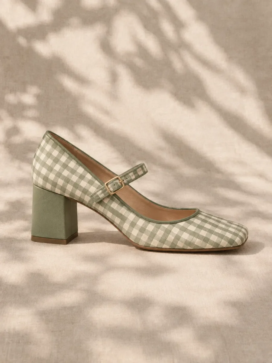 Sweet Pea Gingham Heel, side view showing the 4.5 cm heel