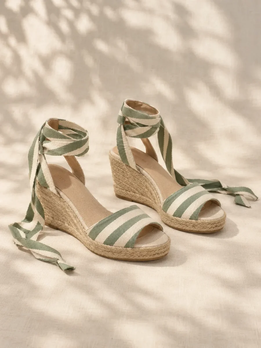 Terrace Stripe Wedge in cream and sage stripe, pair seen from the front