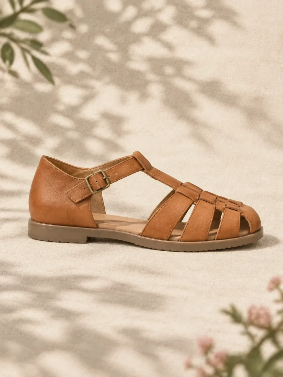 Trellis Fisherman Sandal, side view showing the 1.5 cm heel