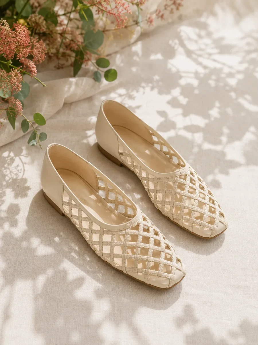 Trellis Lattice Flat in cream, pair seen from the front