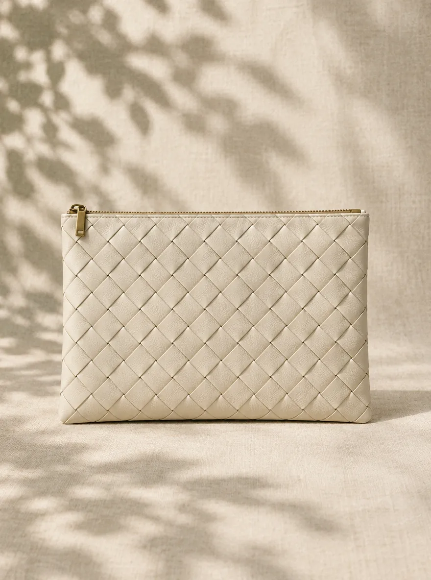 Trellis Woven Clutch in cream, front view