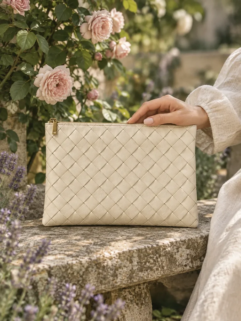 Trellis Woven Clutch in cream, carried in the garden