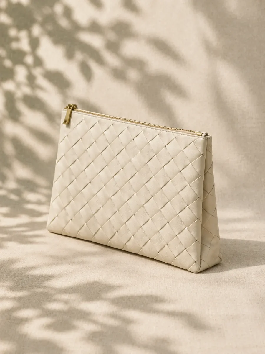 Trellis Woven Clutch, back view