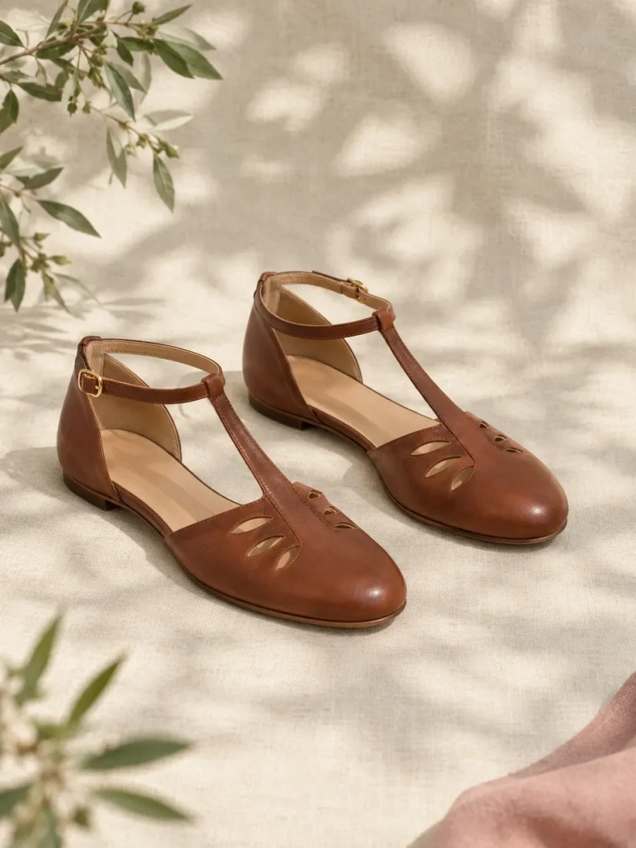 Willow T-Strap Flat in cognac, pair seen from the front