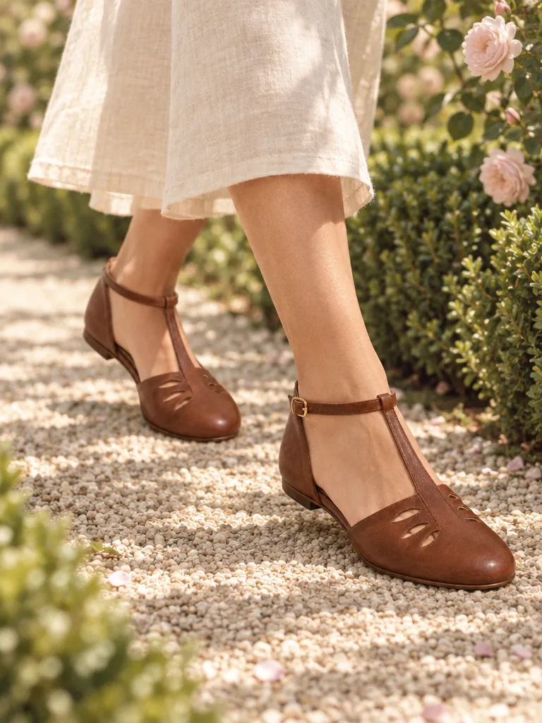 Willow T-Strap Flat in cognac, worn on a garden path