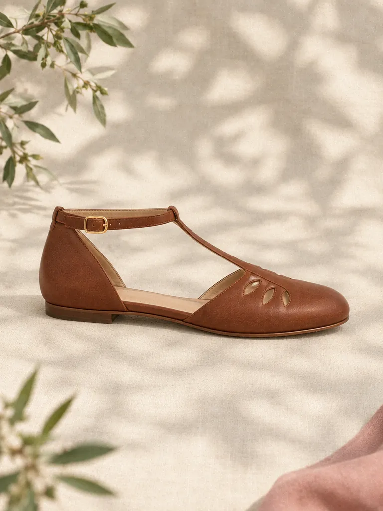 Willow T-Strap Flat, side view showing the 1 cm heel