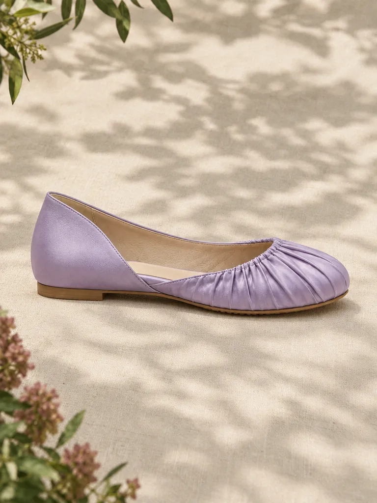 Wisteria Pleated Flat, side view showing the 0.8 cm heel